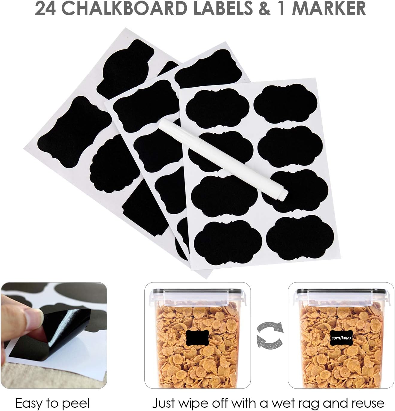 Vtopmart Food Storage Containers 3.3 quart / 3.6L, 4 Pieces BPA Free Plastic Airtight Canister for Flour, Sugar, Baking Supplies, with 4 Measuring Cups and 24 Labels,Black