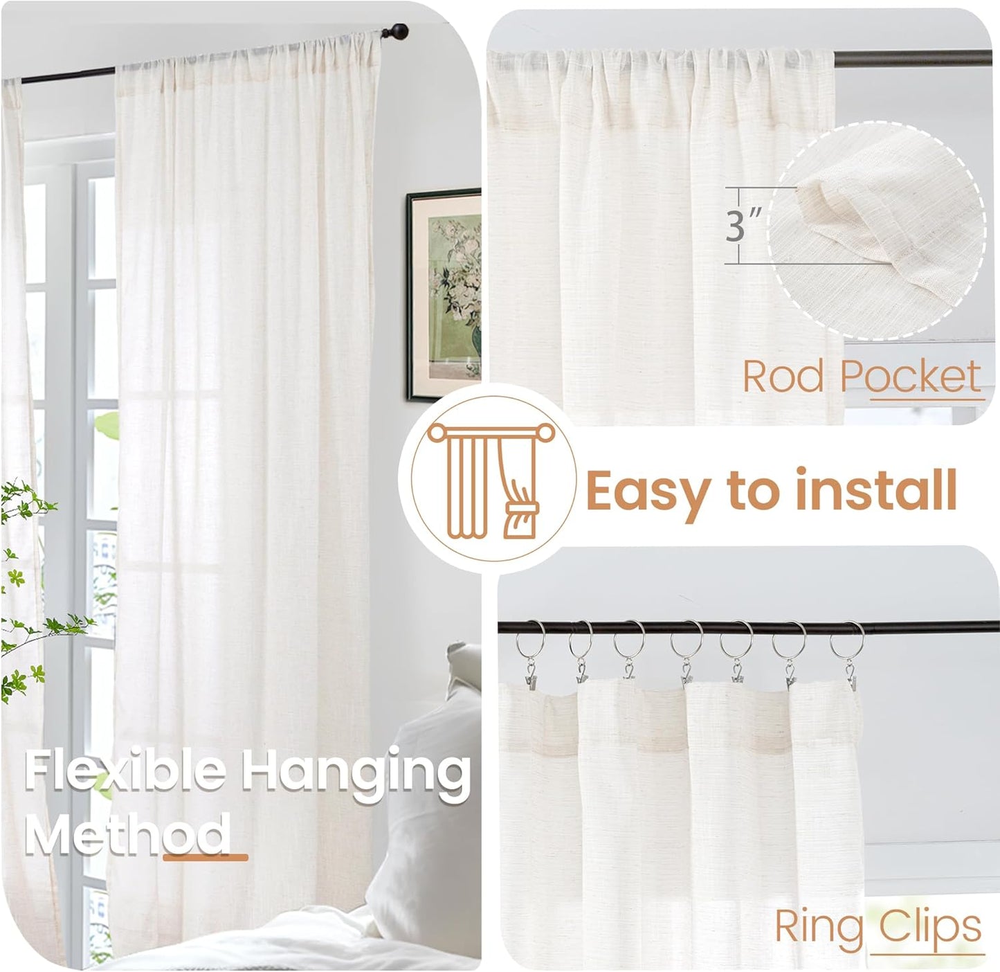 BGment 90 Inches Long Linen Semi Sheer Curtains for Living Room, Light Filtering Window Treatments Drapes with Rod Pocket Lightweight for Farmhouse Bedroom, 2 Panels, 52 Inch Wide Each Panel