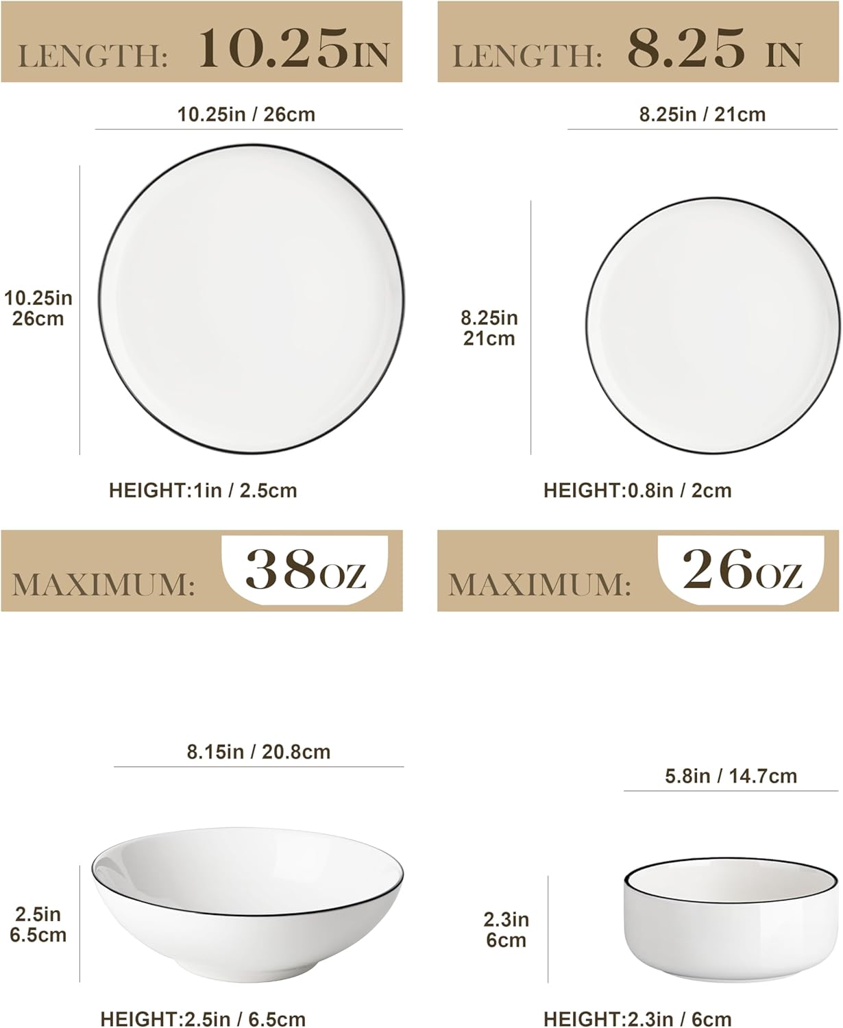 MALACASA Plates and Bowls Sets, 24 Pieces Modern Porcelain Dinnerware Set for 6 Ceramic Dishware Dishes White Kitchen Dinner Dining Ware Set wtih Black Rim Microwave and Dishwasher Safe, Series LUNA