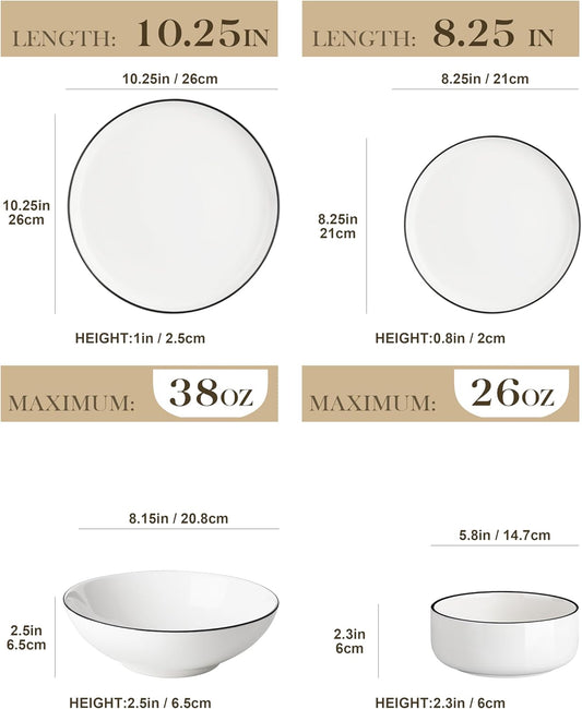 MALACASA Plates and Bowls Sets, 24 Pieces Modern Porcelain Dinnerware Set for 6 Ceramic Dishware Dishes White Kitchen Dinner Dining Ware Set wtih Black Rim Microwave and Dishwasher Safe, Series LUNA