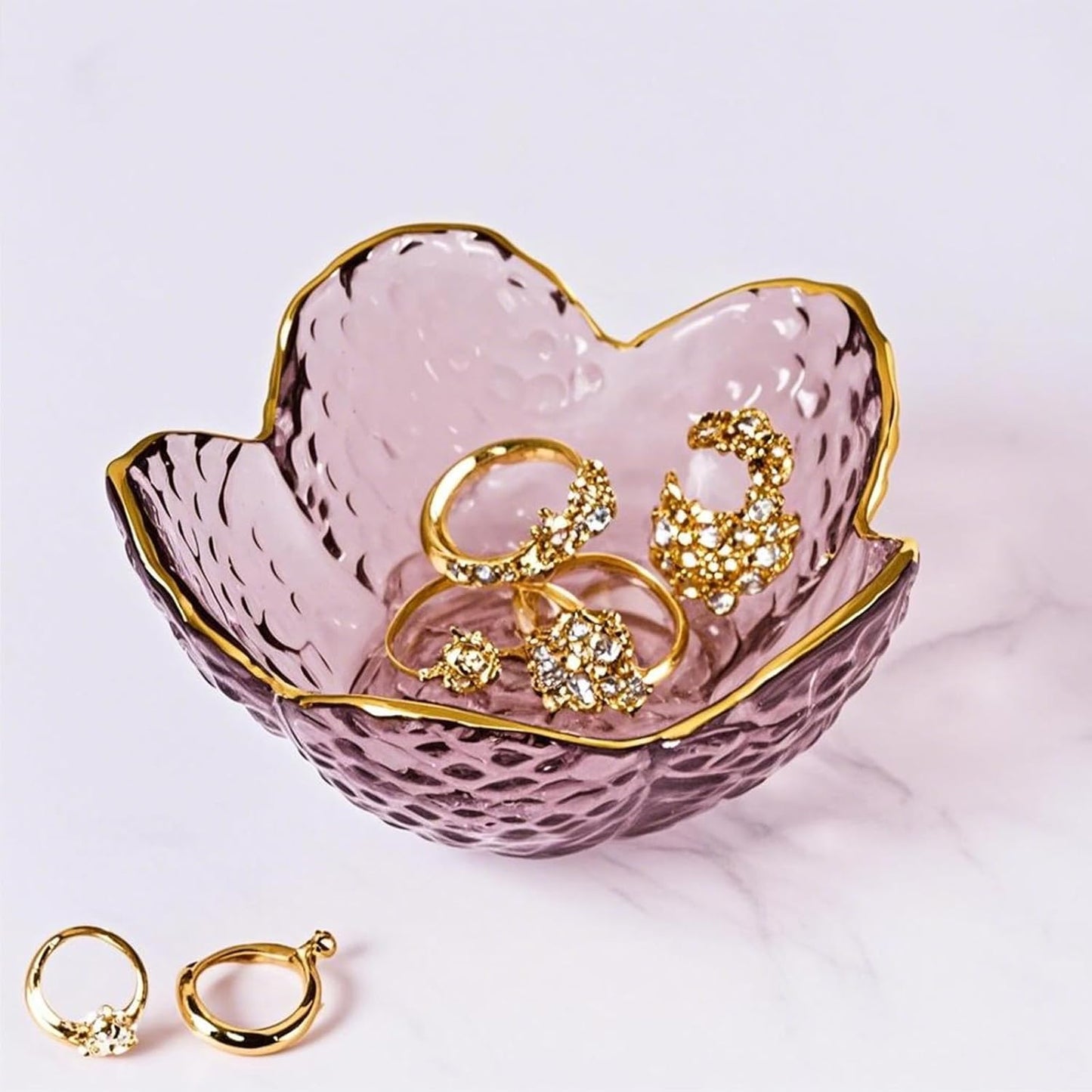 Small Pink Glass Jewelry Dish Tray, Bathroom Jewlery Tray, Flower Ring Dish Jewlry Plate, Crystal Engagement Jewerly Ring Holder for Women, Nightstand Decor Trinket Jewelry Bowl Gift for Mom