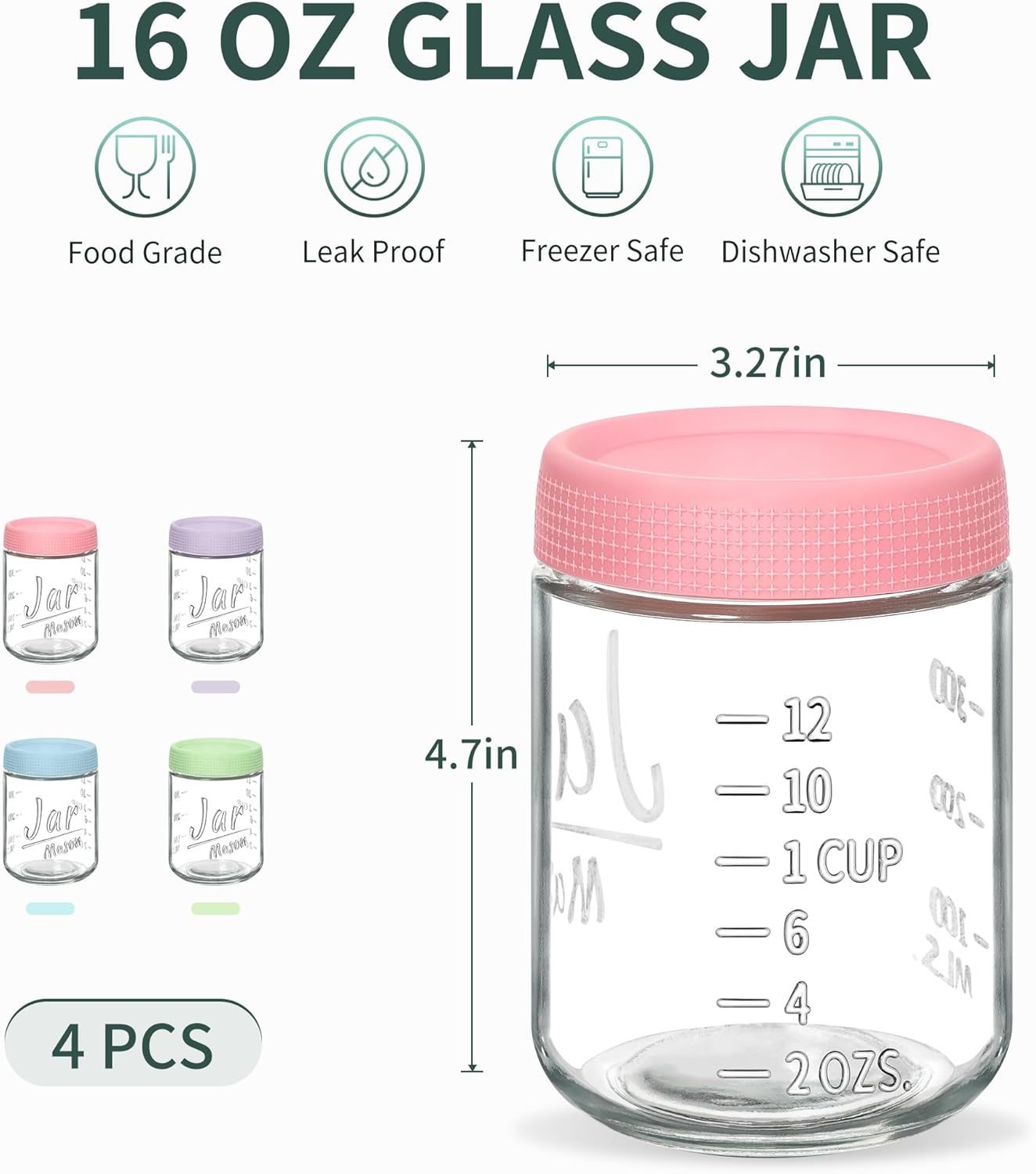 4-Pack 16oz Overnight Oats Containers with Airtight Lids - Glass Mason Jars with Measurement Marks for Yogurt, Meal Prep & Chia Pudding, Stackable & Leakproof