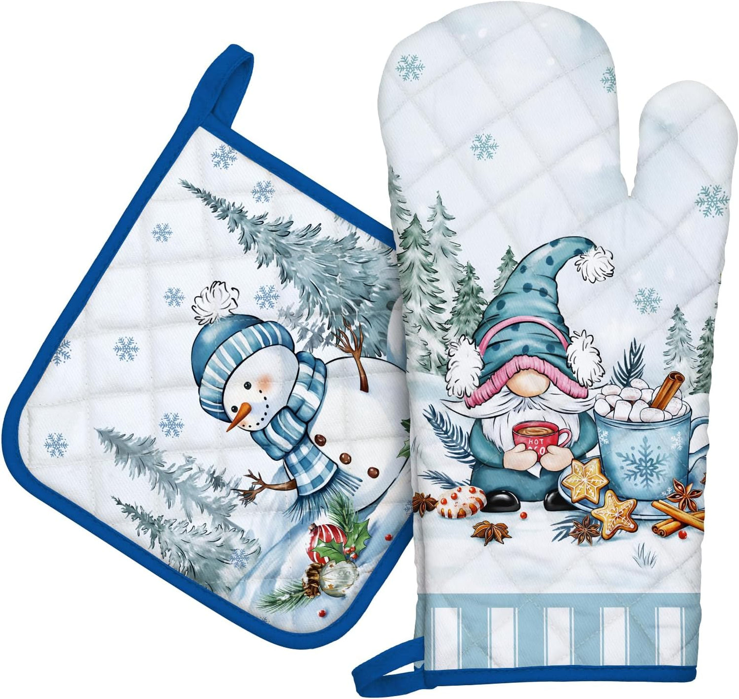 Winter Gnome Oven Mitts and Pot Holders Sets 2Pcs, 100% Cotton Heat Resistant, Extra Long Oven Gloves Potholder for Kitchen Cooking Baking Decoration
