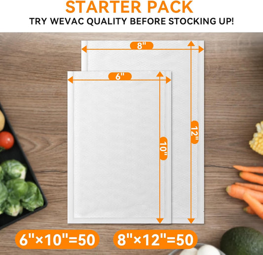 Wevac Vacuum Sealer Bags – 100 Count (6″×10″ & 8″×12″), Heavy-Duty BPA-Free Food Storage Bags, Puncture-Resistant, Freezer & Sous Vide Safe, Compatible with All Vacuum Sealers