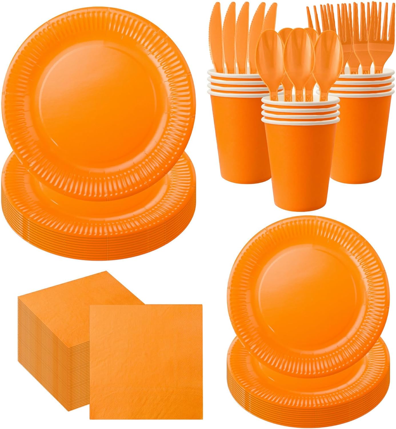 210pcs Orange Paper Plates Disposable Tableware Party Supplies- Includes 9" Dinner Plates, 7" Dessert Plates, 9oz Paper Cups, Napkins, Plastic Forks, Knives And Spoons For All Holiday Parties