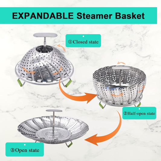 Steamer Basket Stainless Steel Veggie Steamer Basket for Cooking Folding Food Steamer Insert Steaming Basket Adjustable Expandable to fit Various Size Pot (5.1" to 9")