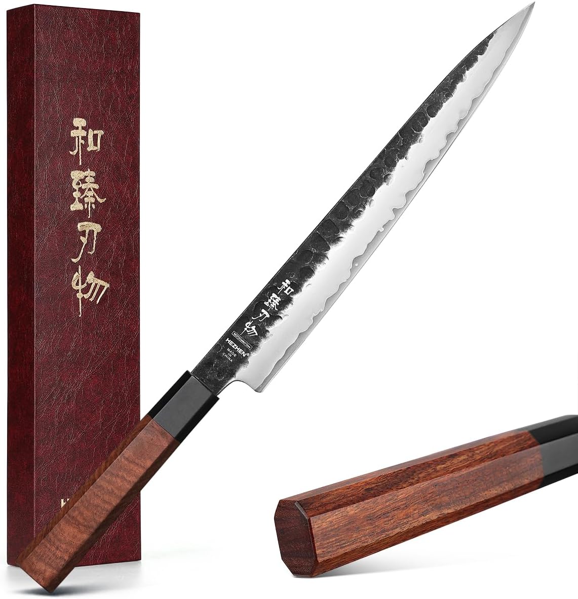HEZHEN Carving Knife, 10 Inches, Meat Cutting and BBQ Knife, 3 Layers High Carbon Clad Steel Brisket Slicing,Breaking Butcher, Redwood Octagonal Handle