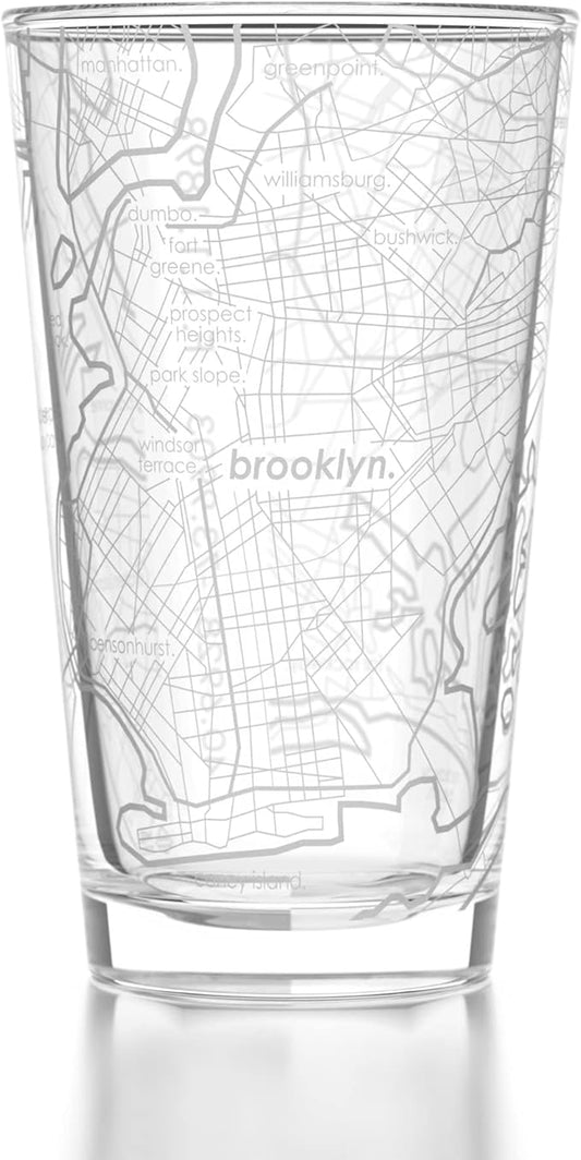 Well Told Engraved Brooklyn New York Map Pint Glass, Etched Beer Gift (16 oz, Clear) City Map Pint, Custom City Glassware, Gifts For Beer Lovers