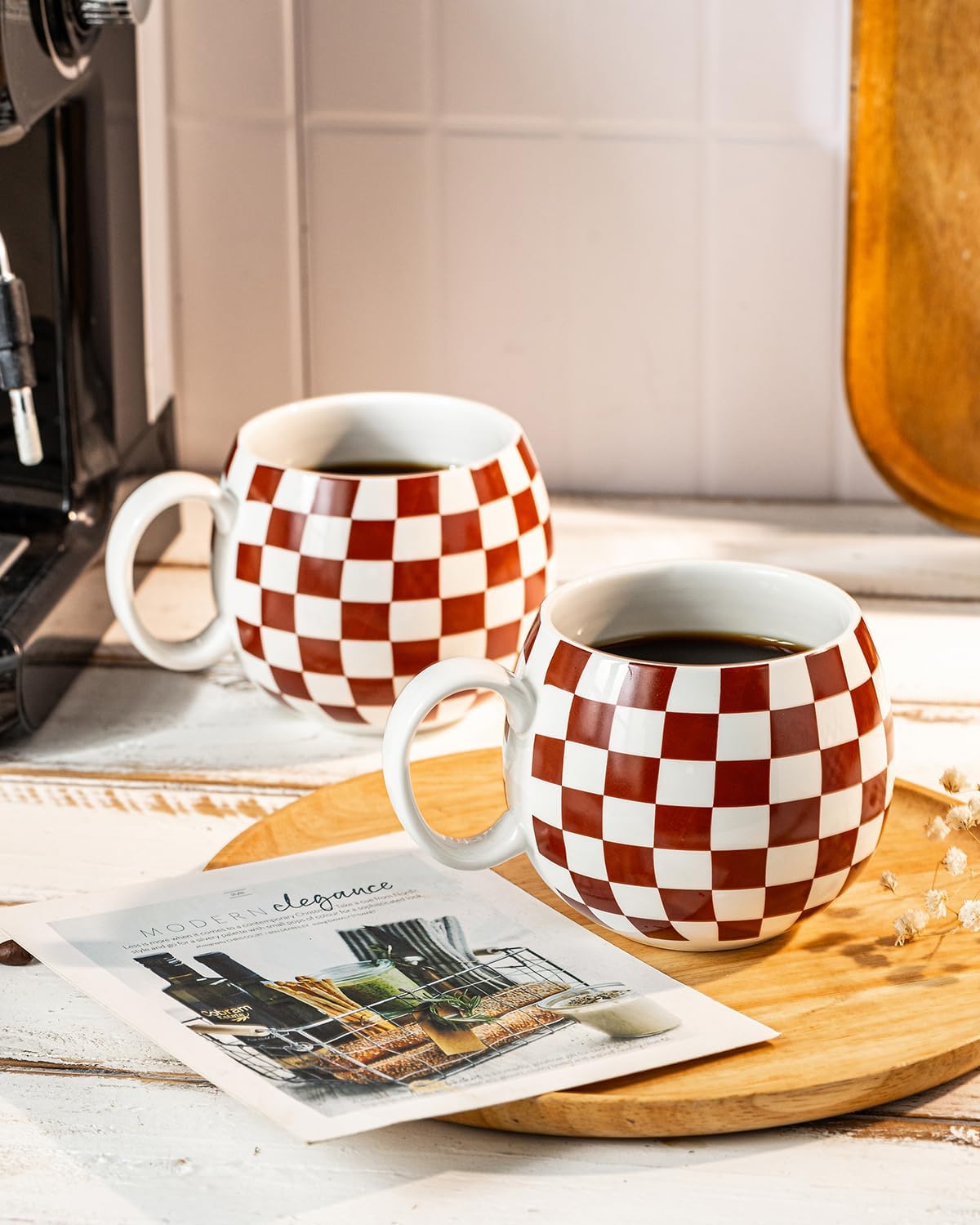 LAUCHUH Porcelain Coffee Mugs - 18 Ounce Large Mug Set of 6 Coffee Cups with Handle for Thanksgiving, Tea Latte Cappuccino Milk Cocoa, Dishwasher & Microwave Safe, Brown and White