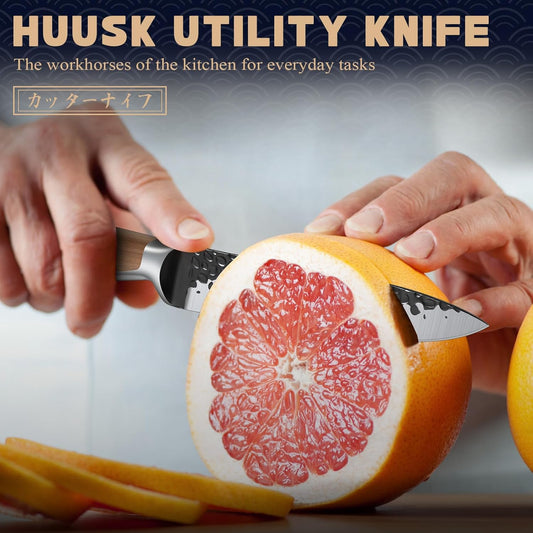 Huusk Kitchen Utility Knife 5.5" Paring Knife Ultra Sharp High Carbon Steel Tomato Knives Japan Chef Knife Multipurpose Kitchen Knife for Fruit and Vegetable with Premium Present Box