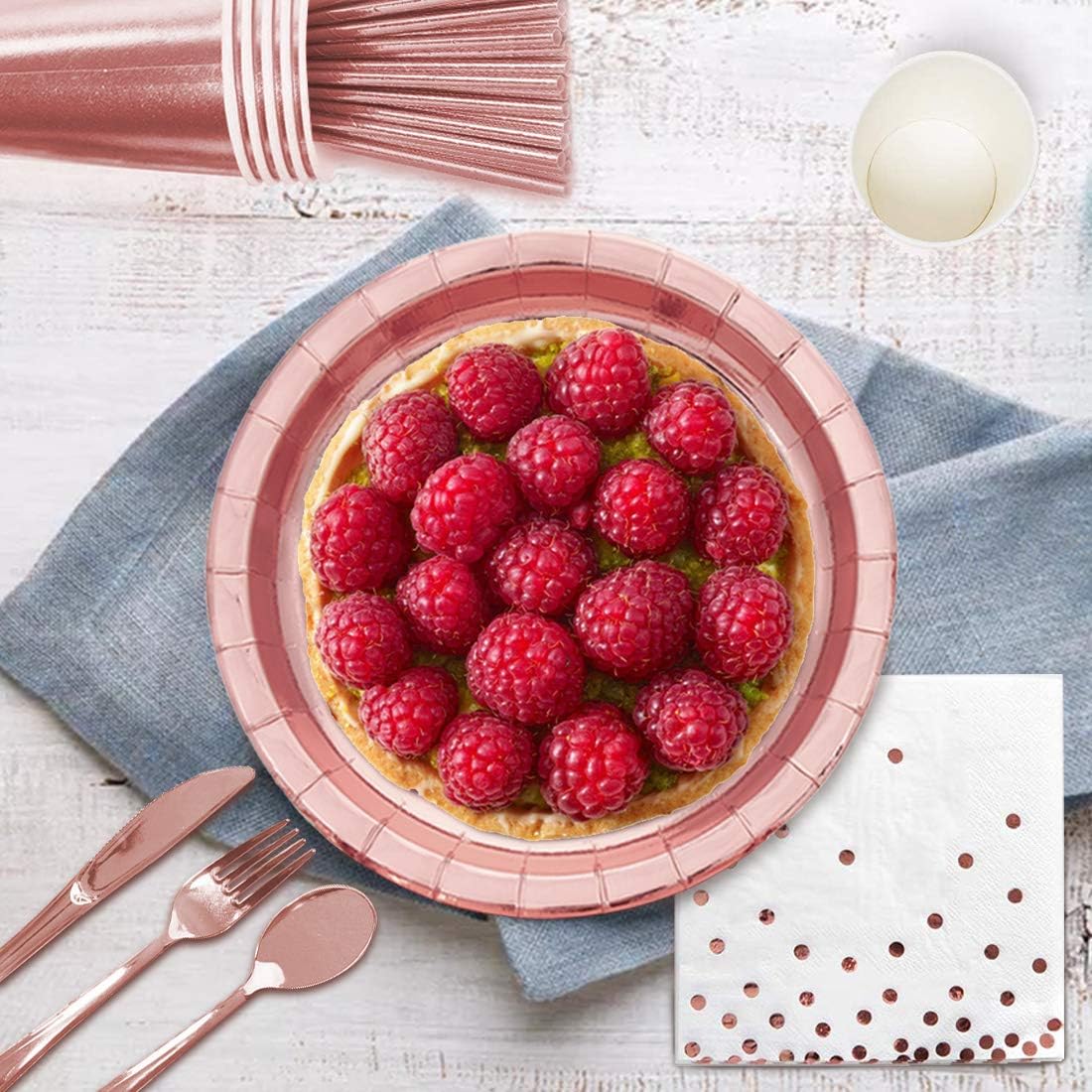 Rose Gold Birthday Party Favors for Women Rose Gold Plates and Napkins Party Supplies,Disposable Paper Plates and Cups Set for First Day of School,Bridal Shower,Baby Showers,Christmas, Serves 20