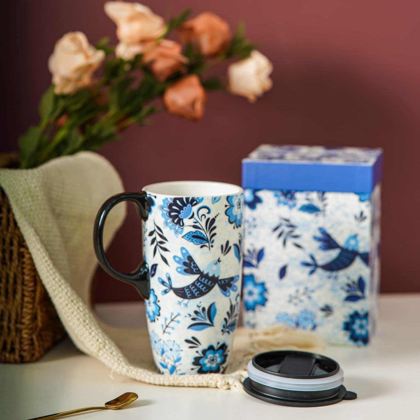 Topadorn Ceramic Coffee Mug Travel Cup with Lid and Color Box,17oz Microwave & Dishwasher Safe Coffee Tumbler, Blue Bird