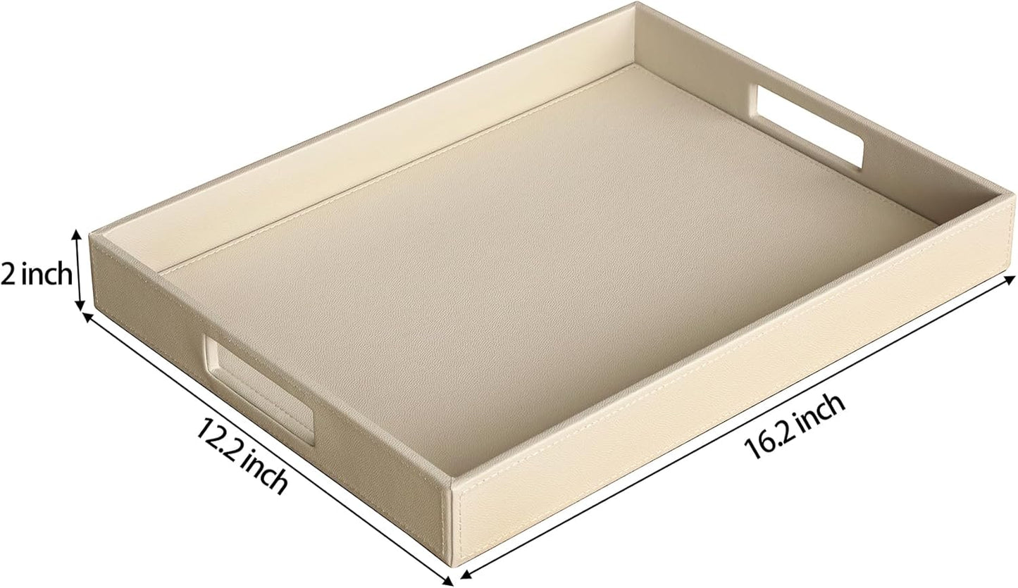 HofferRuffer Rectangle Serving Tray with Hole Handles for Coffee Table, Breakfast, Tea, Food, Butler - Countertop, Kitchen, Vanity Serve Tray, 16.2 x 12.2 x 2 inches, Faux Leather (Dark CreamWhite)