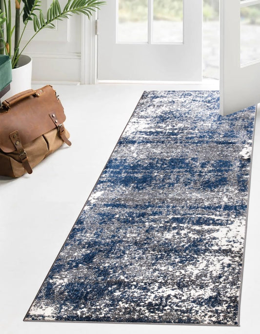 Keen Home Design Area Runner Rugs - 2x12 Non-Shedding, Abstract Runner for Kitchen, Living Room, Bedroom, Dining Room, Entryway - Size: 2'8" x 11'11", Navy/Grey/White