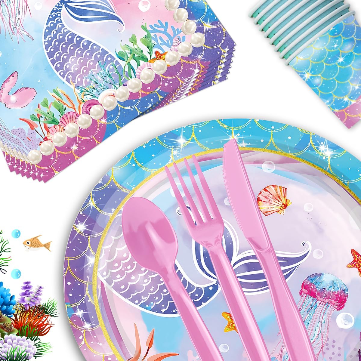 Mermaid Party Supplies Plates and Napkins Sets,Mermaid Birthday Decorations Disposable Plates for Baby Shower, Mermaids Theme Tableware with Cups, Tablecloth, Birthday Banner for Kids Girls, Serve 24