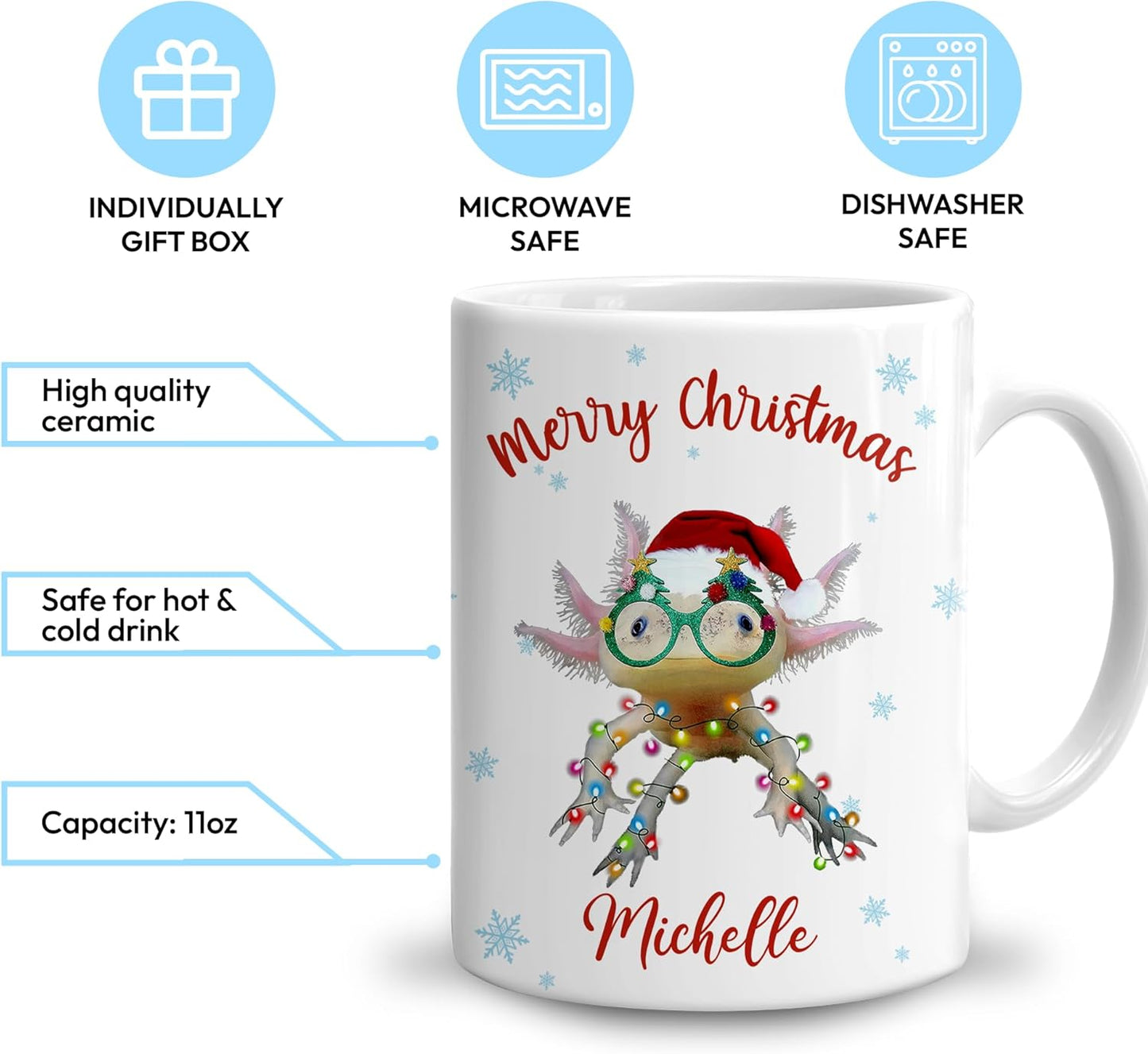 Hyturtle Personalized Gifts Axolotl Lover - Merry Christmas Customized Name Ceramic Coffee Mug Cup 11oz - Cute Sea Animal Lovers Gifts For Women, Girl kids Family On Birthday, Christmas