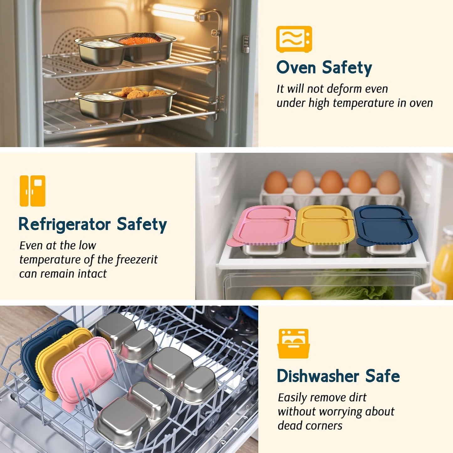 3 Pack Stainless Steel Snack Containers with Silicone Lids, Reusable 2 Compartment Food Storage Containers, Stainless Steel Box for School, Office, Travel