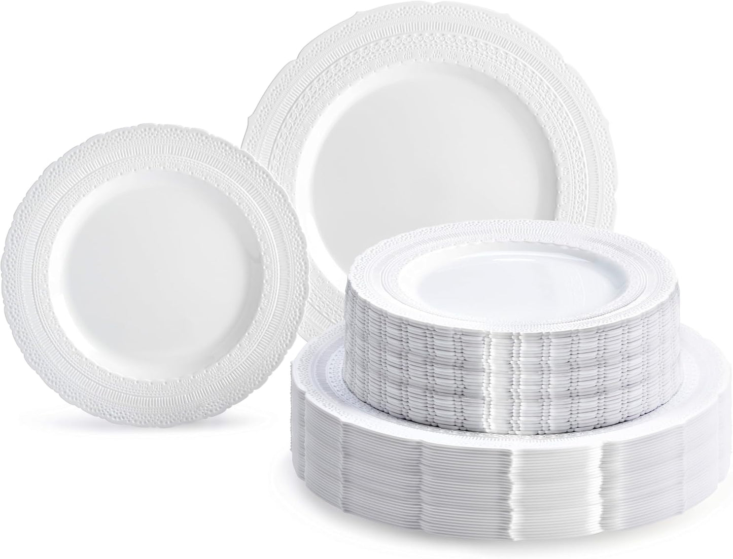 " OCCASIONS " 120 Plates Pack,(60 Guests) Extra Heavyweight Vintage Wedding Disposable/Reusable Plastic Plates 60 x 11'' Dinner + 60 x 8.25'' Salad/Dessert Plate (Chateau White)