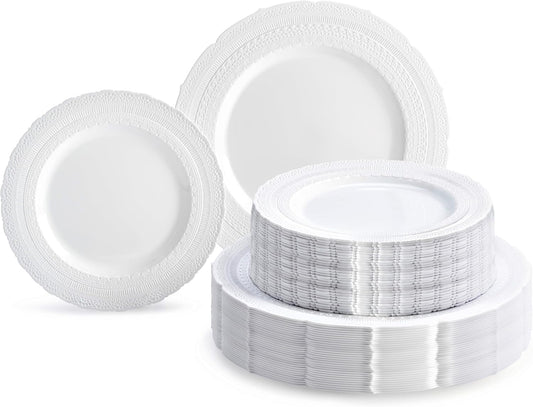 " OCCASIONS " 120 Plates Pack,(60 Guests) Extra Heavyweight Vintage Wedding Disposable/Reusable Plastic Plates 60 x 11'' Dinner + 60 x 8.25'' Salad/Dessert Plate (Chateau White)