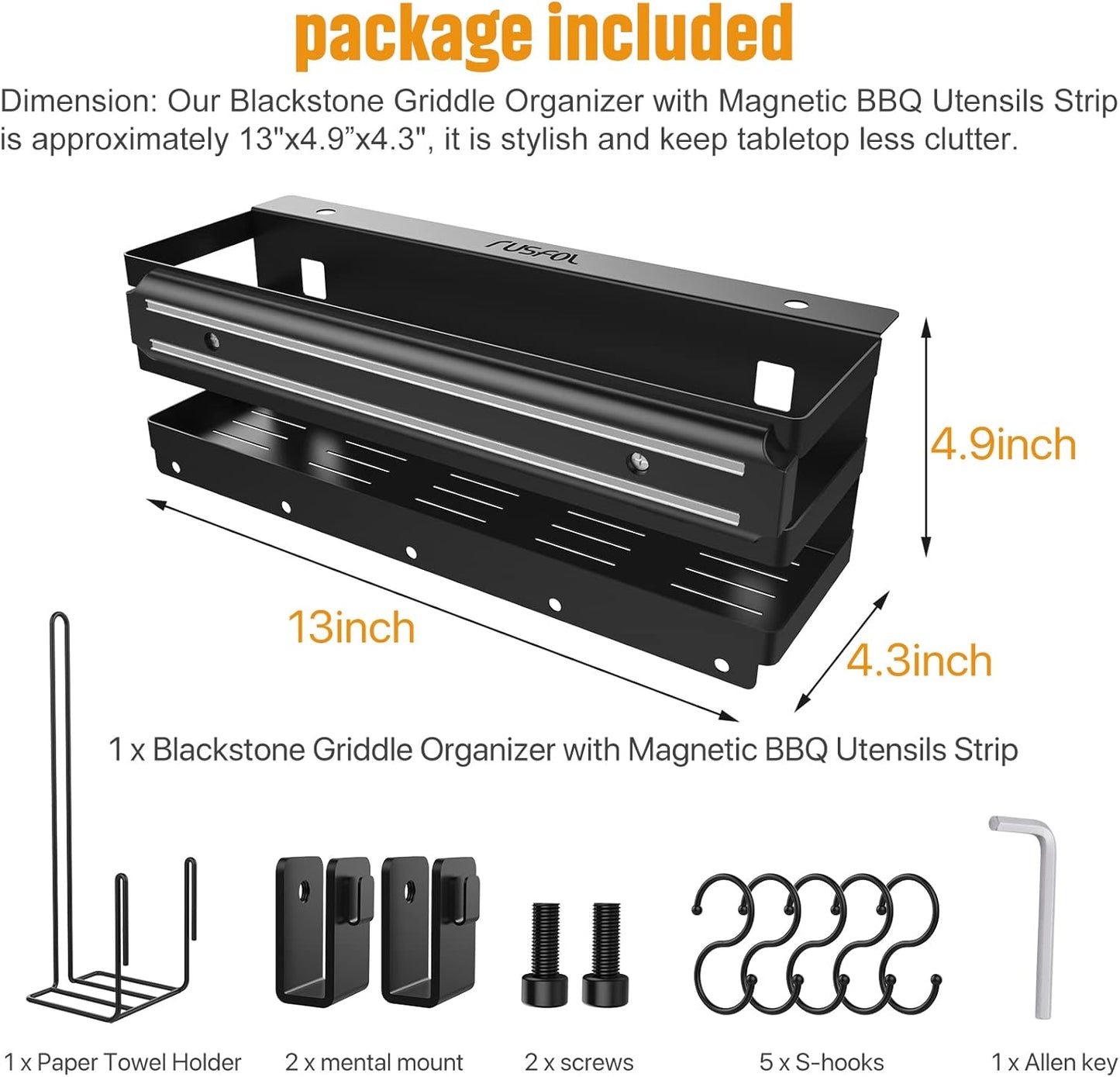 RUSFOL 3-in-1 Stainless Steel Griddle Caddy with Magnetic BBQ Utensil Strip and Paper Towel Holder for 28"/36" Blackstone Griddles,Space Saving BBQ Accessories Storage Box,Easy install&Free from Drill