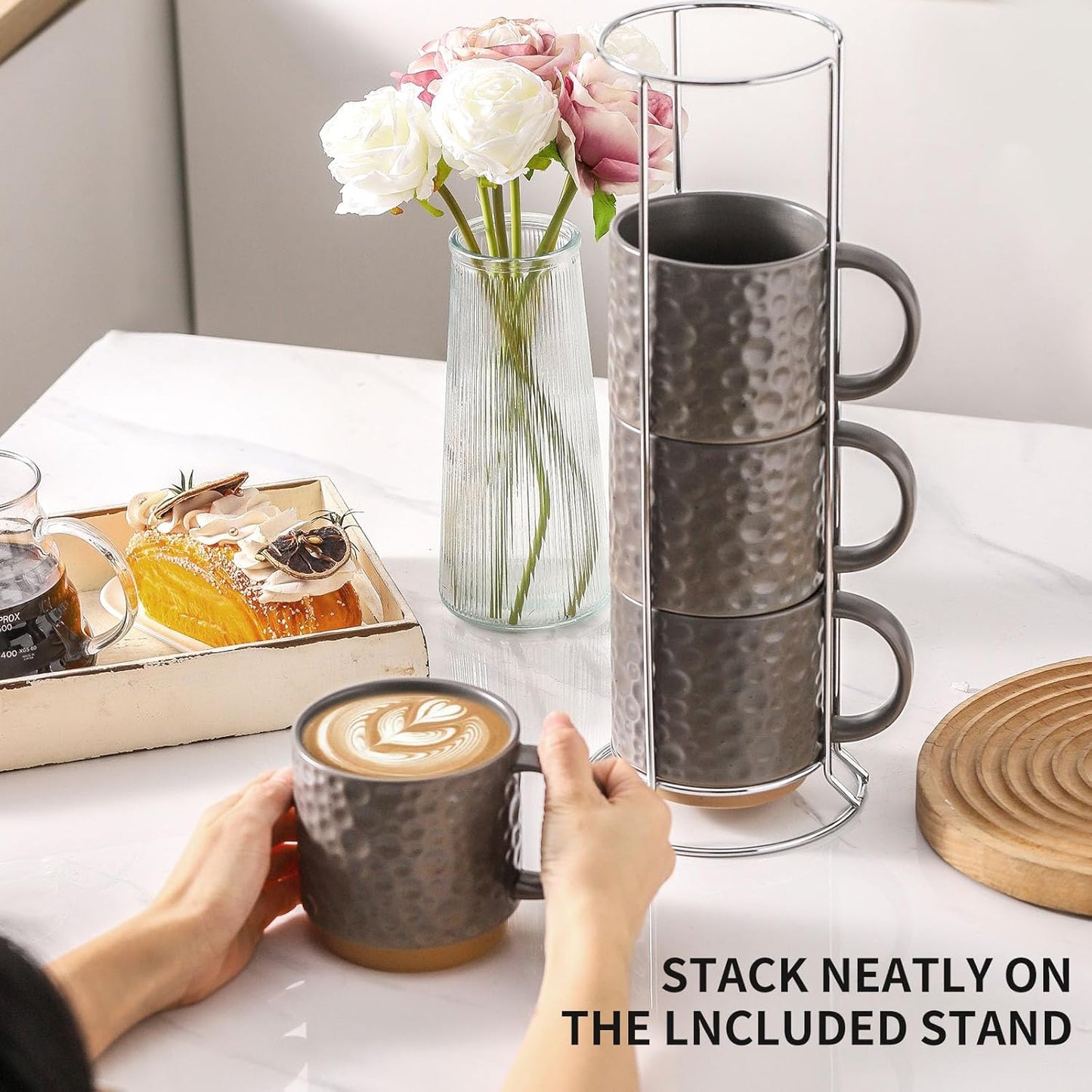 Nihow Ceramic Coffee Mug Set of 4, 16OZ Stackable Coffee Mug Set with Stainless Stand,Large Cup Set for Cappuccino,Tea,Hot/Cold Drinks,Dishwasher & Microwave Safe,Matte Gray