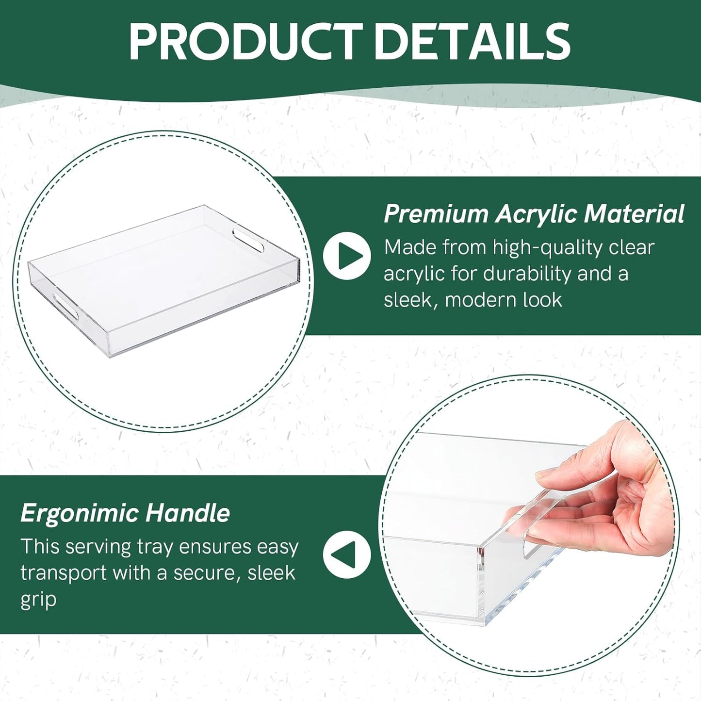 MYFULLY Clear Acrylic Serving Tray 10”x15”, Spill-Proof Decorative Serving Trays with Handles for Coffee Table, Bathroom, Kitchen, and Countertop Storage