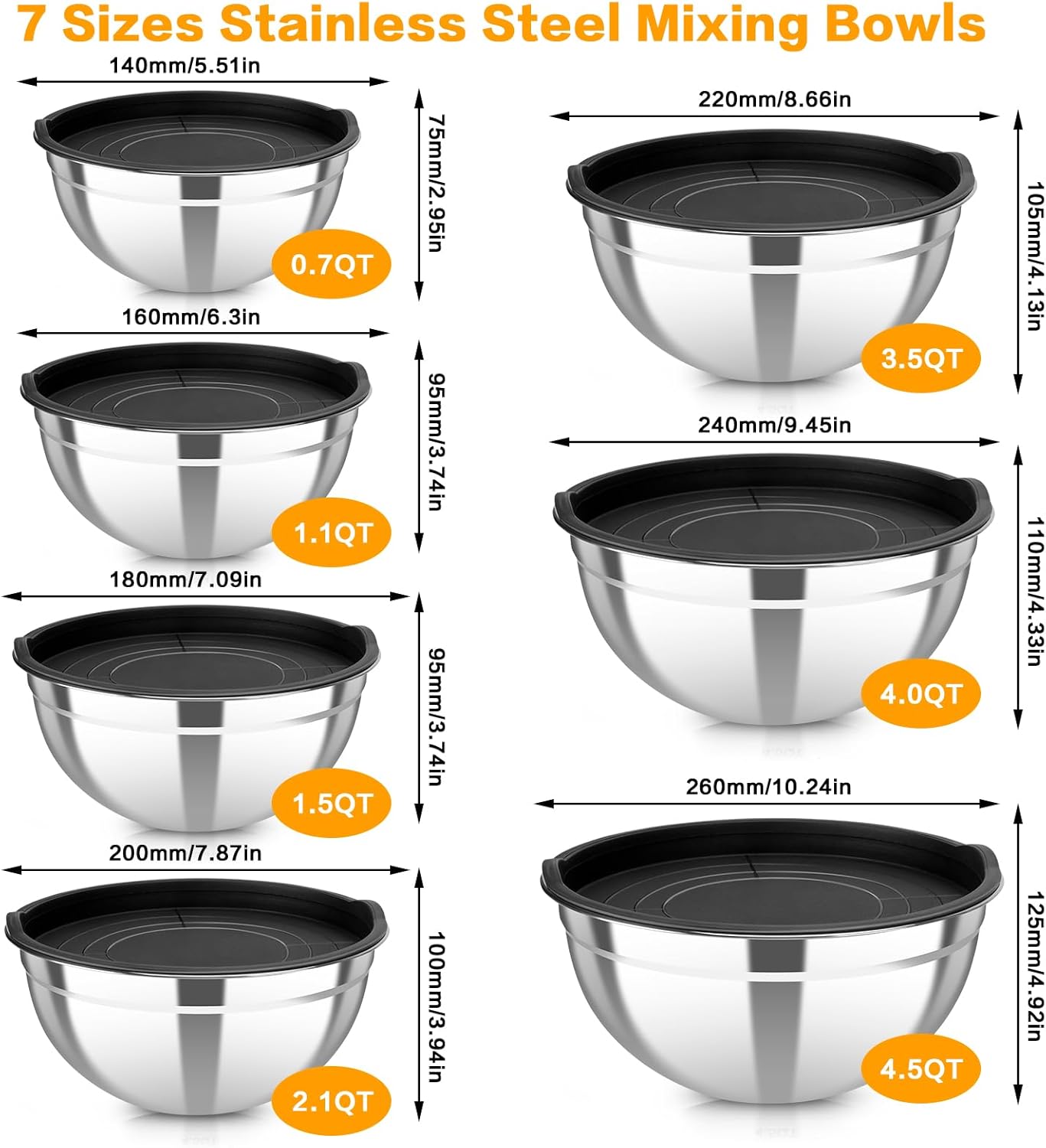 7 Piece Stainless Steel Mixing Bowls with Lids Set, Metal Mixing Bowls Nesting Design Salad Bowl for Kitchen Cooking, Baking, Prepping and Serving Food (Size 0.7, 1.1, 1.5, 2.1, 3.5, 4, 4.5QT)