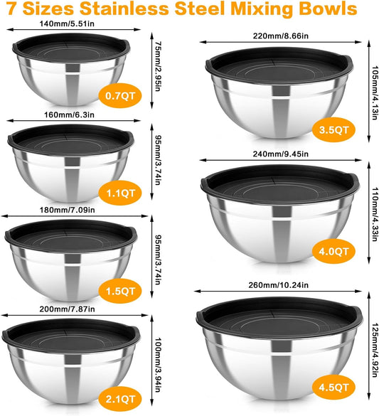 7 Piece Stainless Steel Mixing Bowls with Lids Set, Metal Mixing Bowls Nesting Design Salad Bowl for Kitchen Cooking, Baking, Prepping and Serving Food (Size 0.7, 1.1, 1.5, 2.1, 3.5, 4, 4.5QT)