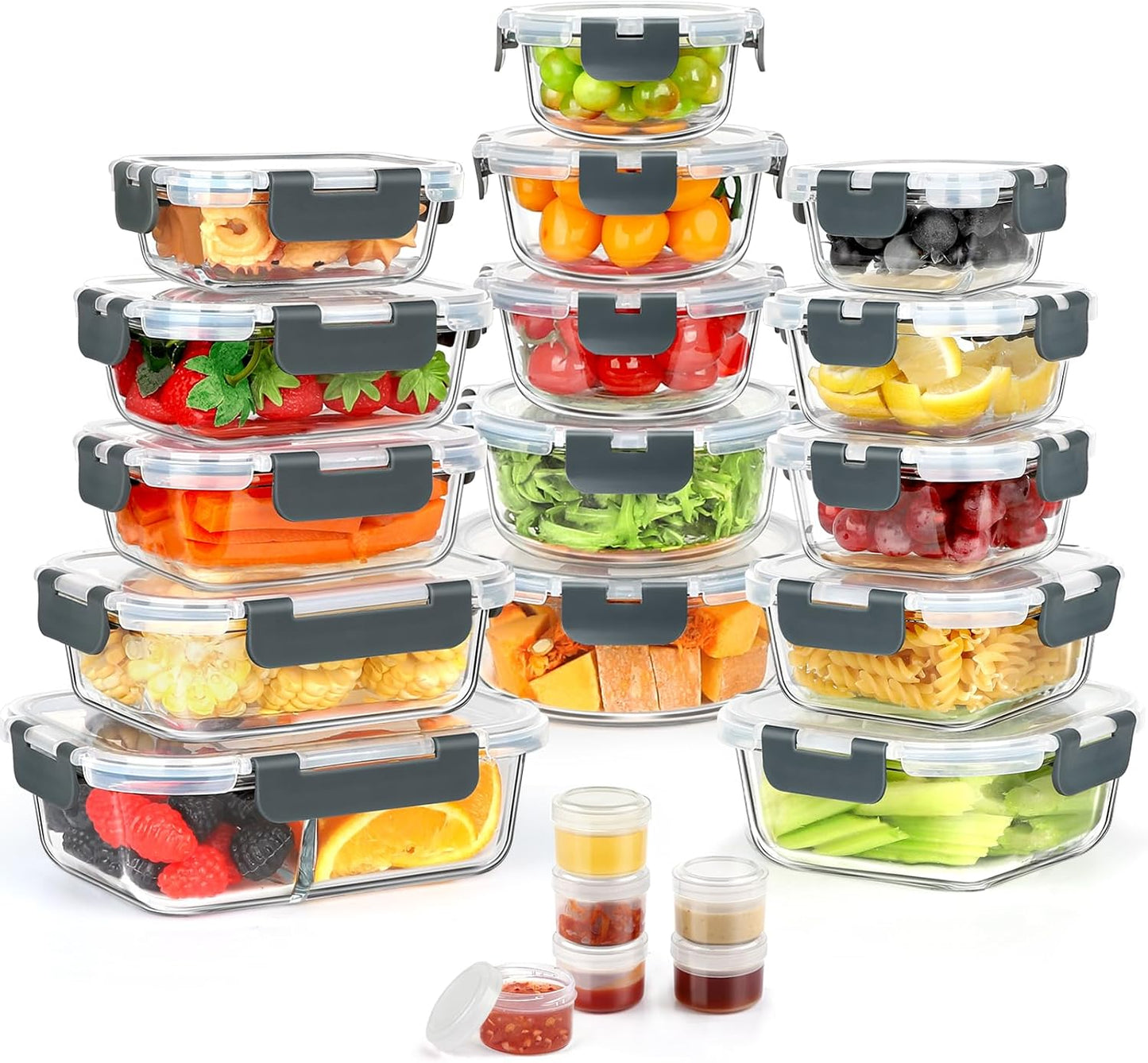 42pcs Glass Food Storage Containers with Lids Set, 21 Containers & 21 Lids Include One 2 Compartments Glass Meal Prep Containers with Snap Locking Lid Set, Leak Proof Lunch Container BPA-Free,Grey