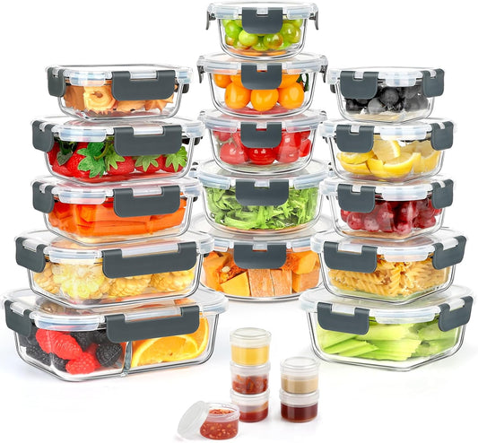 42pcs Glass Food Storage Containers with Lids Set, 21 Containers & 21 Lids Include One 2 Compartments Glass Meal Prep Containers with Snap Locking Lid Set, Leak Proof Lunch Container BPA-Free,Grey