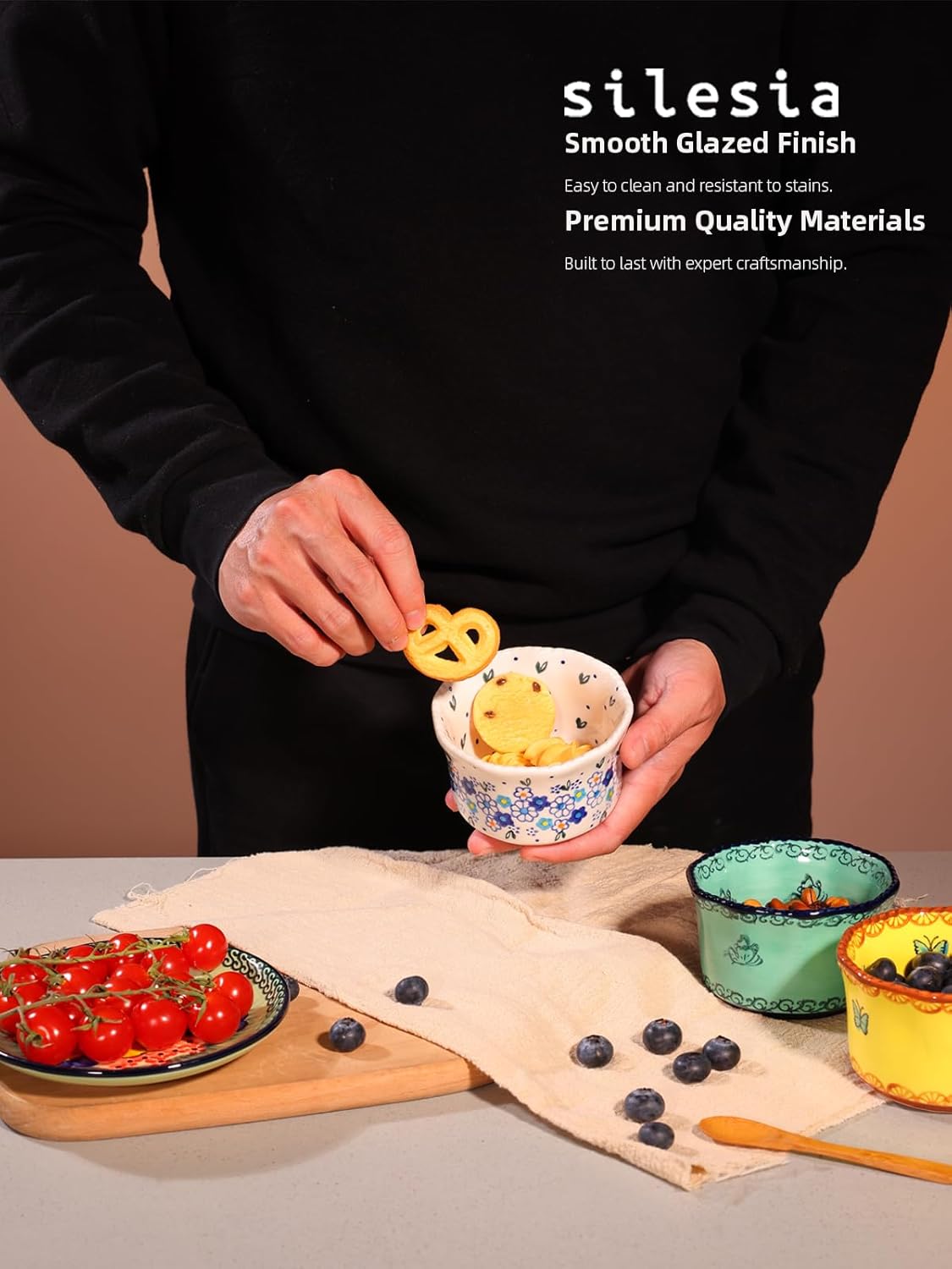 Handmade 7 oz Small Bowls - Ceramic Hand Painted Bowl Great for Ramekins, Dipping, Side Dish, Dessert,Sauce, Ice cream, Appetizer, Sushi in Gift Box, 3.5 inch, Set of 3, Forget Me Not