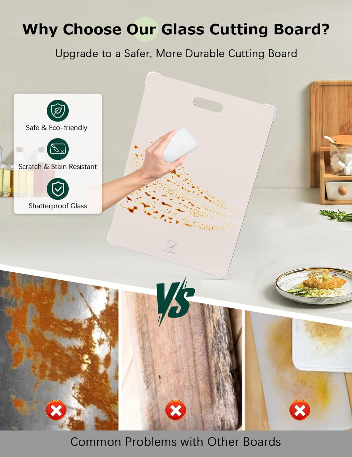 Tempered Glass Cutting Board Set, Large 16"x12" Glass Cutting Board for Kitchen with 4 Non-Slip Feet,Heat & Shatter Resistant Glass Cutting Board Dishwasher Safe, Perfect Kitchen Gift & Decor - Beige