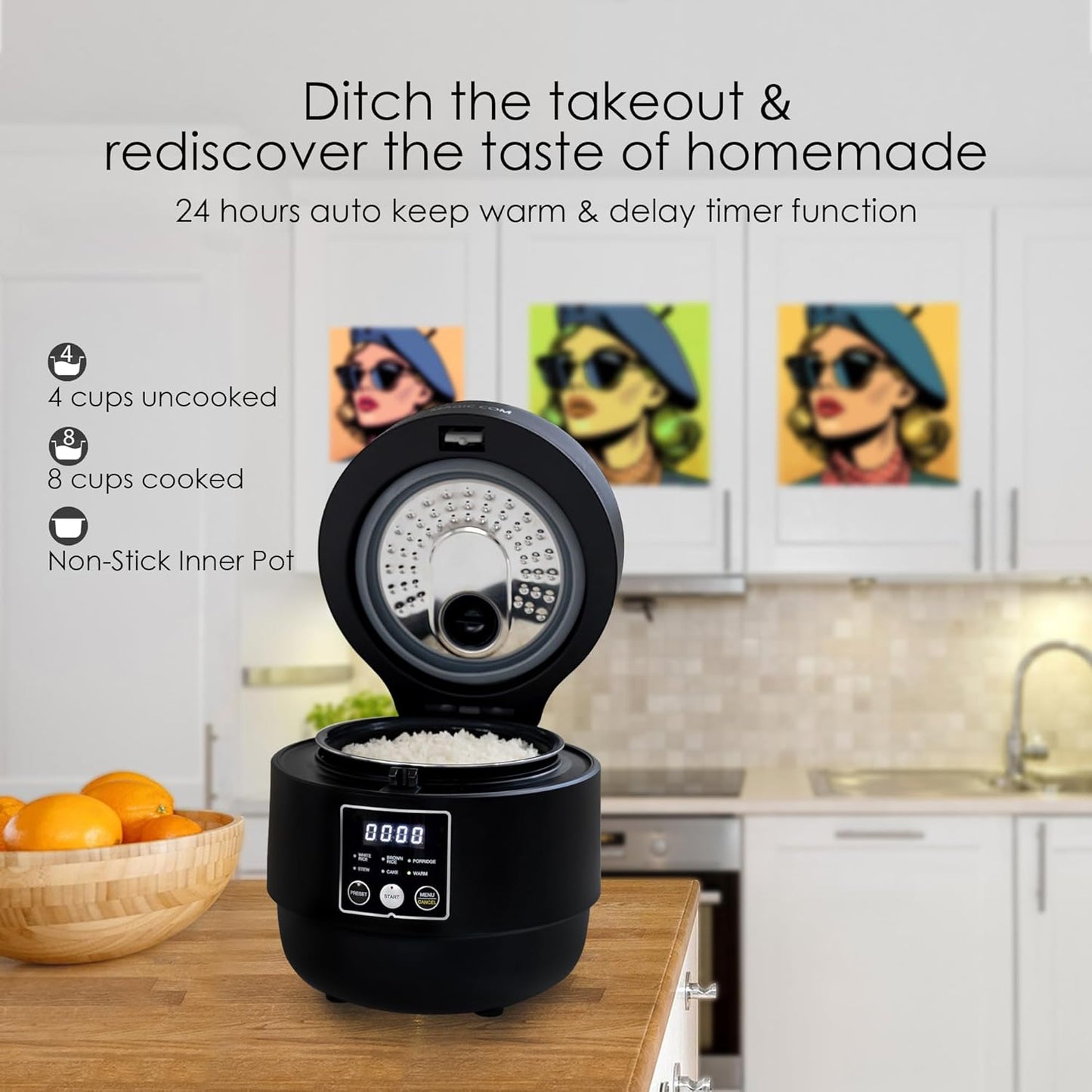 MAGiC COM Rice Cooker 4 Cup(Uncooked) 8 Cup(Cooked), Small Rice Cooker with Steamer, One Touch Healthy Cooking & Warmer, Slow Cooker with Nonstick Inner Pot, 24 Hour Delay Timer, Grain Cooker/Black