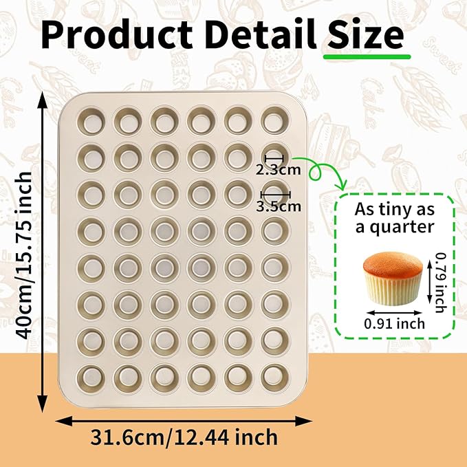 Beasea Mini Muffin Pan 48 Cups Nonstick, 1 Pack 48 Mini Small Tiny Cup Non Stick Muffin Baking Pan Tin Tray Carbon Steel Bakeware Individual Cupcake Baking Pan - Gold