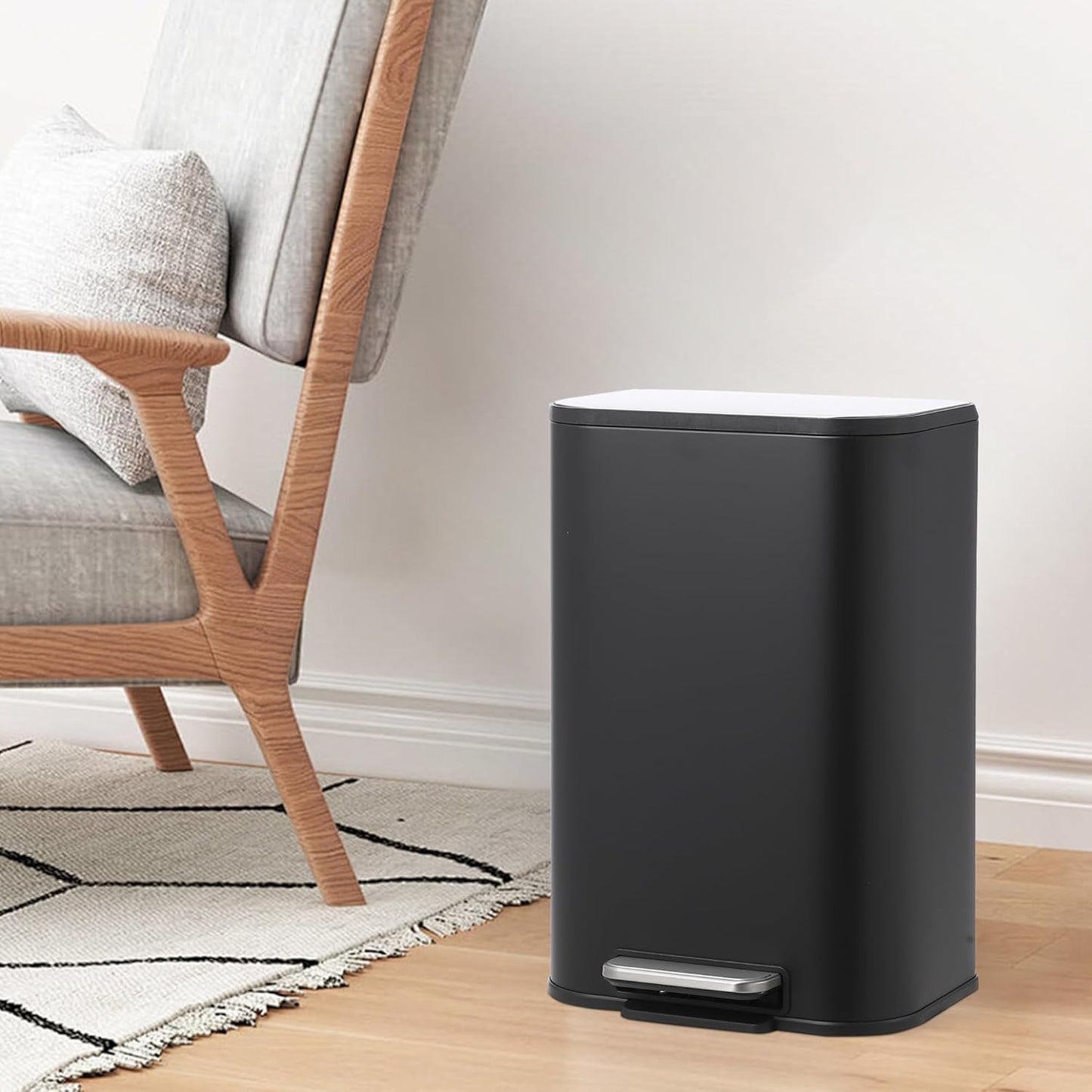 Trash Can with Lid, 5.3 Gallon Stainless Steel Garbage Bin for Kitchen, Rectangular Trash Can with Step-On Pedal and Inner Bucket for Home Office Bathroom Living Room (20 L, Black)