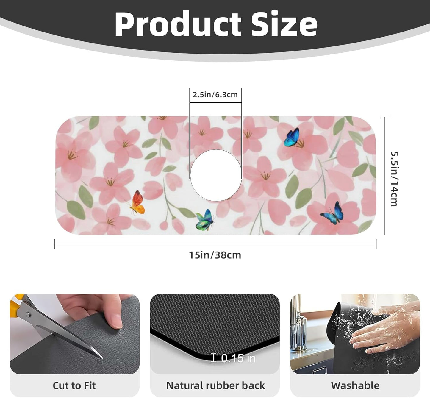 Flowers Black Cat Butterfly Dish Drying Mat for Kitchen Counter, 16"x18" Microfiber Absorbent Fast Dry Mat, 2Pcs Dish Mat Faucet Mats Sets, Large Drying Kitchen Mat Kitchen Drying Pad Coffee Bar Decor