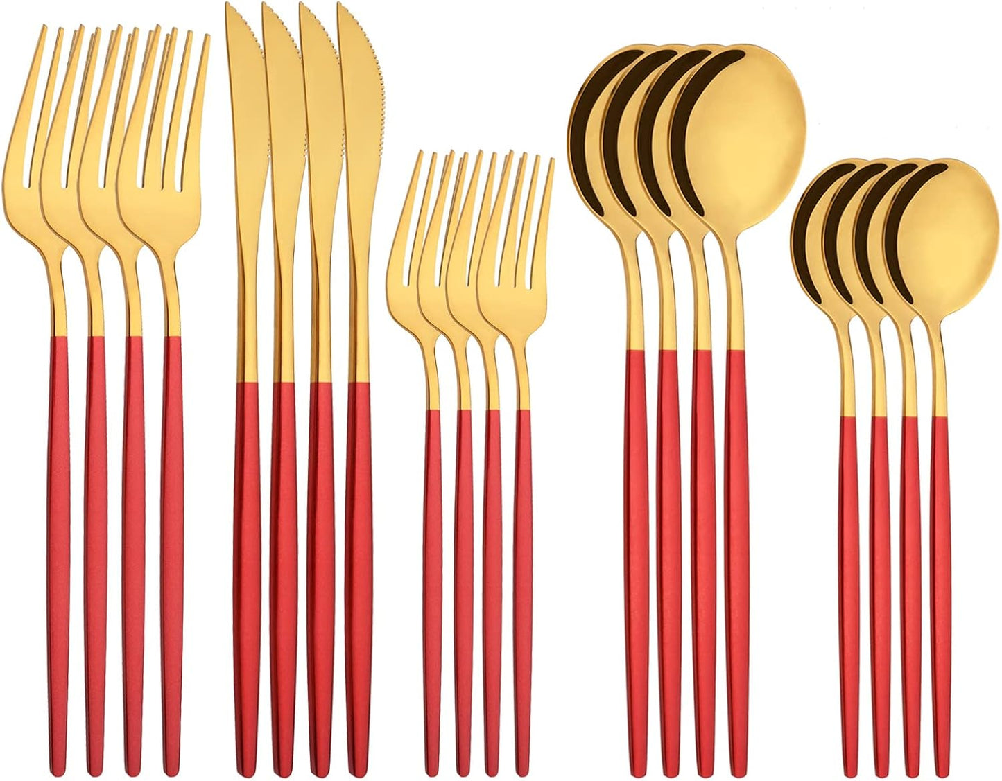Silverware Set – 20 Piece Family Dinnerware Set – Flatware Set Service For 4 – Red Gold Tableware Sets – Cutlery Great For Family Gatherings & Daily Use – Spoons, Knives, Forks