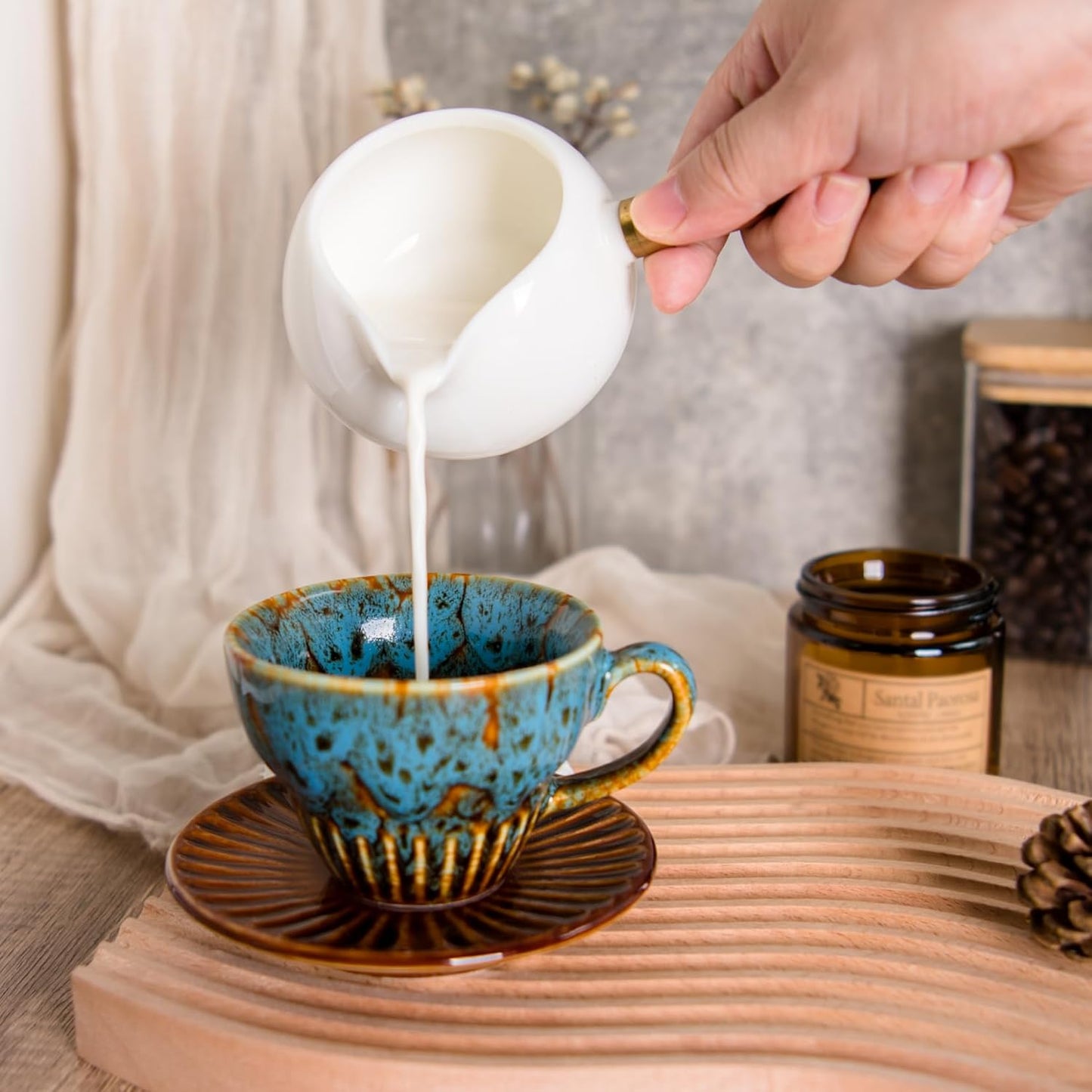 2 oz Espresso Cups Set of 2, Ceramic Cappuccino Cups with Saucers, Durable Porcelain Tea Set & Modern Coffee Cup Collection, Coffee Lover Gifts, Glazed Blue