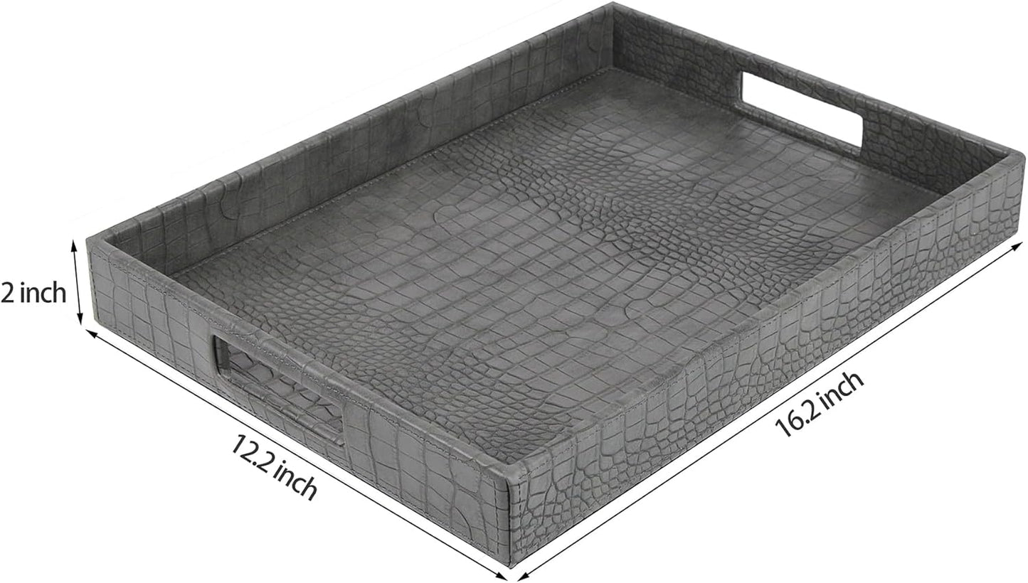 HofferRuffer Rectangle Serving Tray with Hole Handles for Coffee Table, Breakfast, Tea, Food, Butler - Countertop, Kitchen, Vanity Serve Tray, 16.2 x 12.2 x 2 inches, Faux Leather Tray (Dark Grey)
