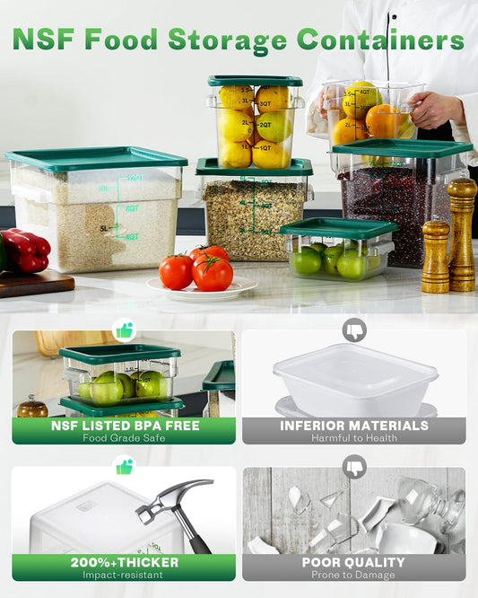 2QT NSF Food Storage Containers: 2 PCS [Food Grade][Hot&Cold Resistant] Commercial Clear Square Food Storage Containers with Scales Handles for Home Restaurant Kitchen Proof Dough(BPA FREE-GREEN)