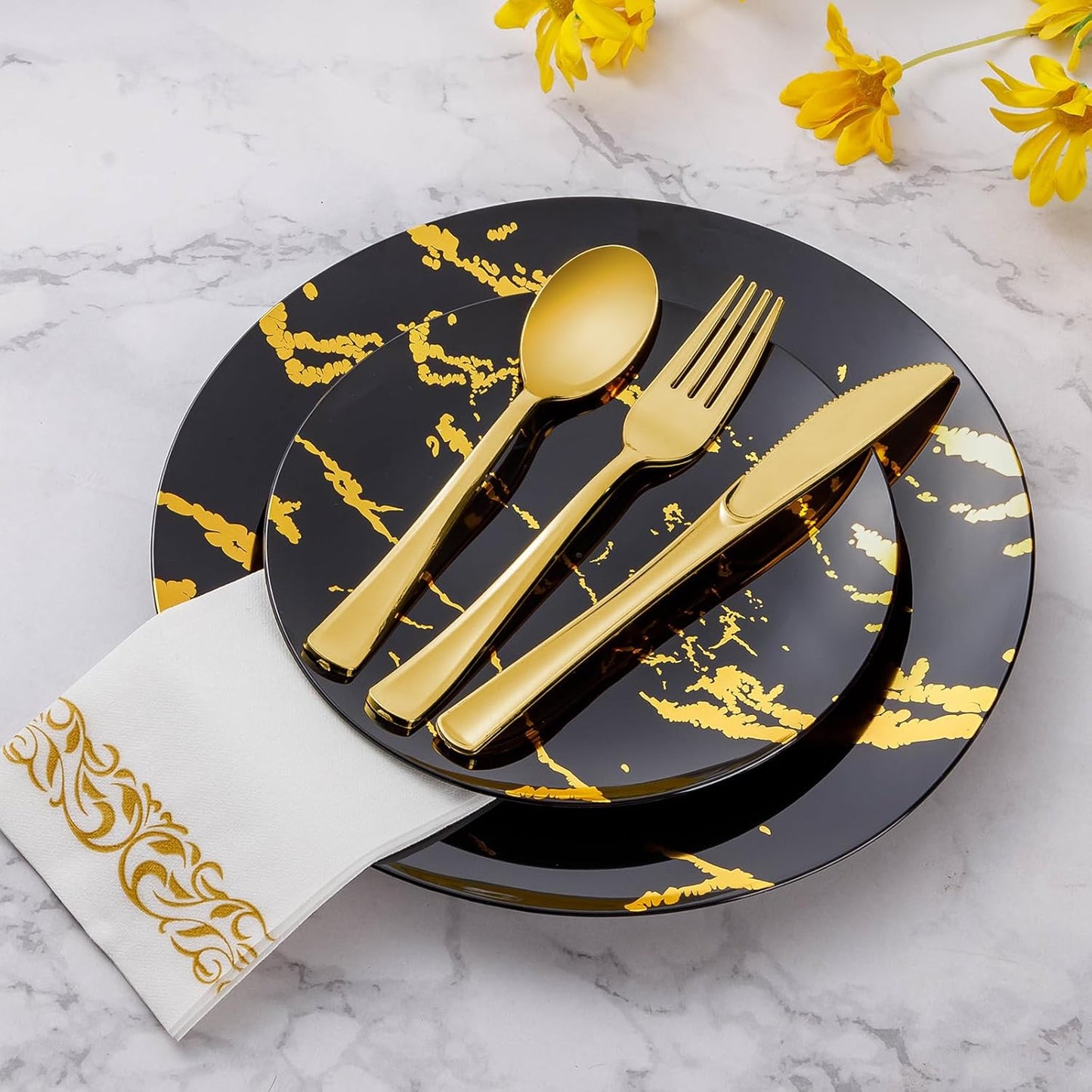 Goodluck 300PCS Gold Plastic Silverware, Gold Utensils Disposable, Plastic Cutlery Set of 100 Forks, 100 Spoons, 100 Knives for Party, Birthday, Holidays