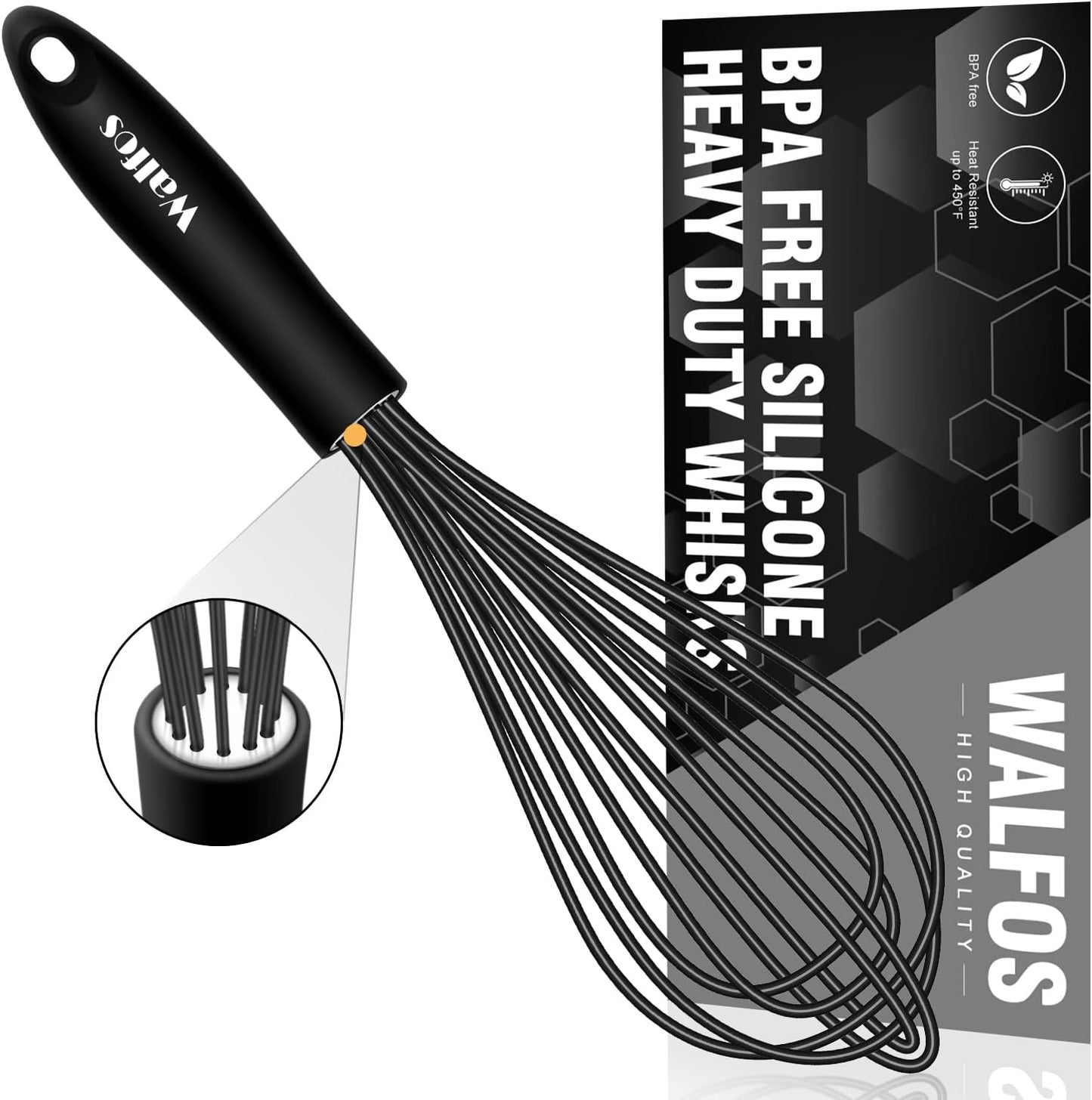 Walfos Silicone Whisk,11 Inch Silicone Whisks for Cooking Non Scratch,BPA Free Kitchen Whisk Heat Resistant (480°F) Perfect for Blending,Whisking,Beating,Mixing.Dishwasher Safe (Black）