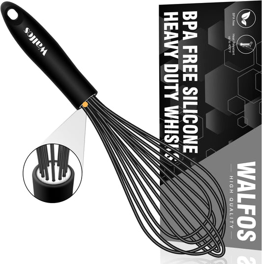 Walfos Silicone Whisk,11 Inch Silicone Whisks for Cooking Non Scratch,BPA Free Kitchen Whisk Heat Resistant (480°F) Perfect for Blending,Whisking,Beating,Mixing.Dishwasher Safe (Black）