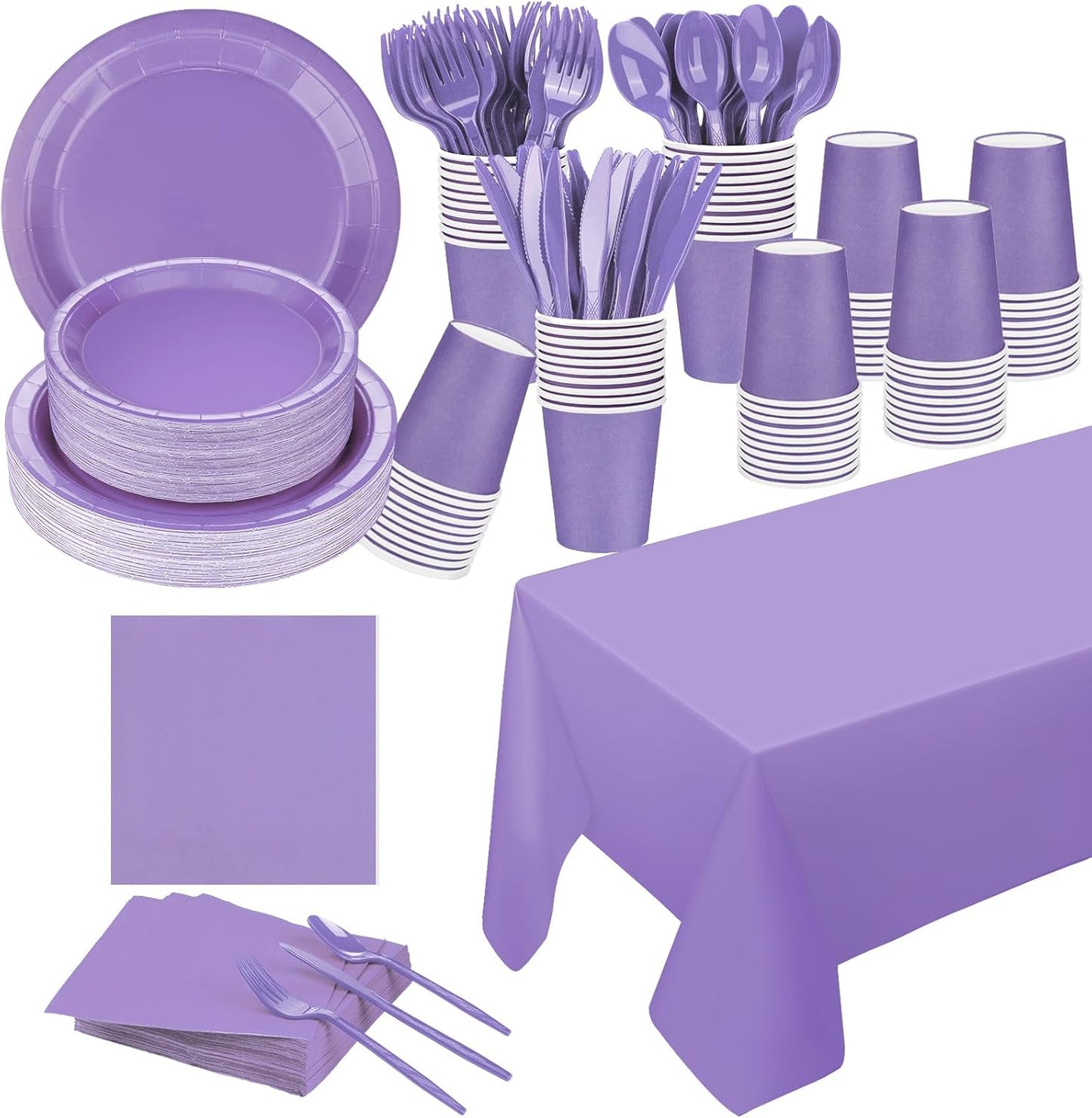 TWOWYHI 229PCS Purple Party Supplies Set Paper Disposable Plates Cups Plastic Spoons Forks Knives Purple Napkins for 30 Guests Disposable Party Dinnerware Sets for Wedding Birthday Parties