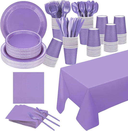 TWOWYHI 229PCS Purple Party Supplies Set Paper Disposable Plates Cups Plastic Spoons Forks Knives Purple Napkins for 30 Guests Disposable Party Dinnerware Sets for Wedding Birthday Parties