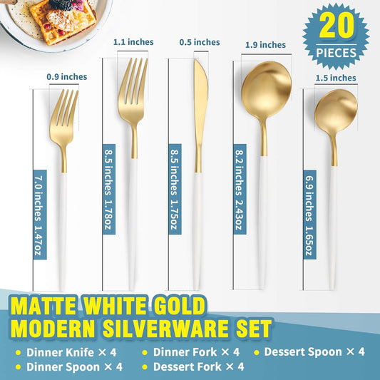Lemeya Matte White Gold Silverware Set for 4,Modern Stainless Steel Brushed Cutlery Set,20-Pieces Heavy Duty Flatware Set,Knives Spoons and Forks Set Utensils Set, Satin Finish, Dishwasher Safe