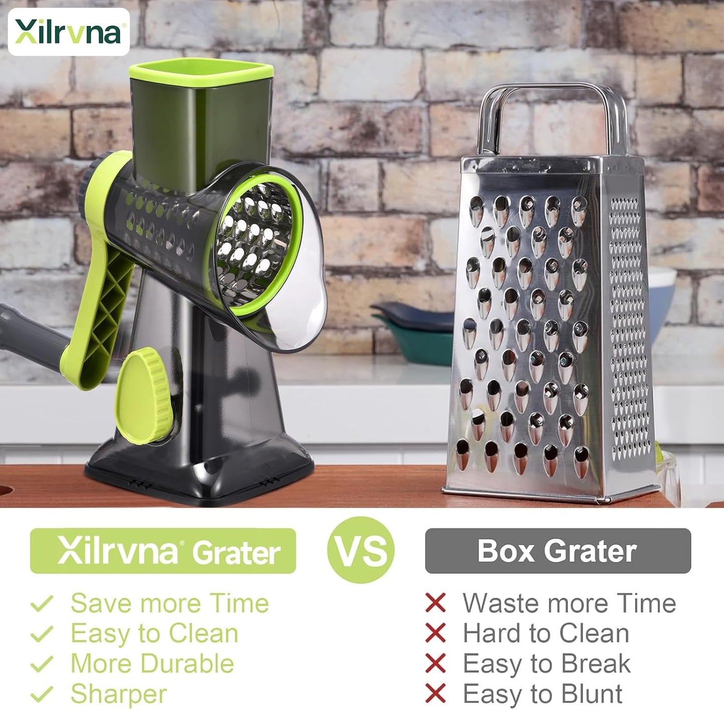 Rotary Cheese Grater with Handle Kitchen Shredder Slicer Grater Slicer Ice Shaver Cheese Vegetable Nuts Potato Zucchini Chocolate 3 Interchangeable Blades (Green TSP)