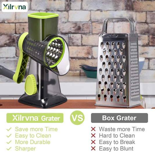 Rotary Cheese Grater with Handle Kitchen Shredder Slicer Grater Slicer Ice Shaver Cheese Vegetable Nuts Potato Zucchini Chocolate 3 Interchangeable Blades (Green TSP)