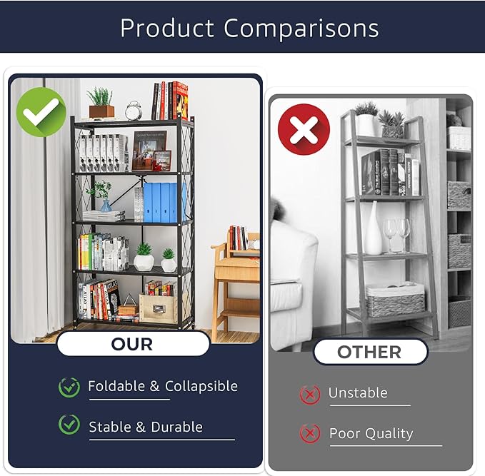 Lifetime Home 5-Tier Foldable Storage Shelf with Wheels - Metal Collapsible Shelving Unit Display, Rolling Cart for Books Kitchen Storage Shelves, Pantry & Closet Organizer, Office Room Decor - Black