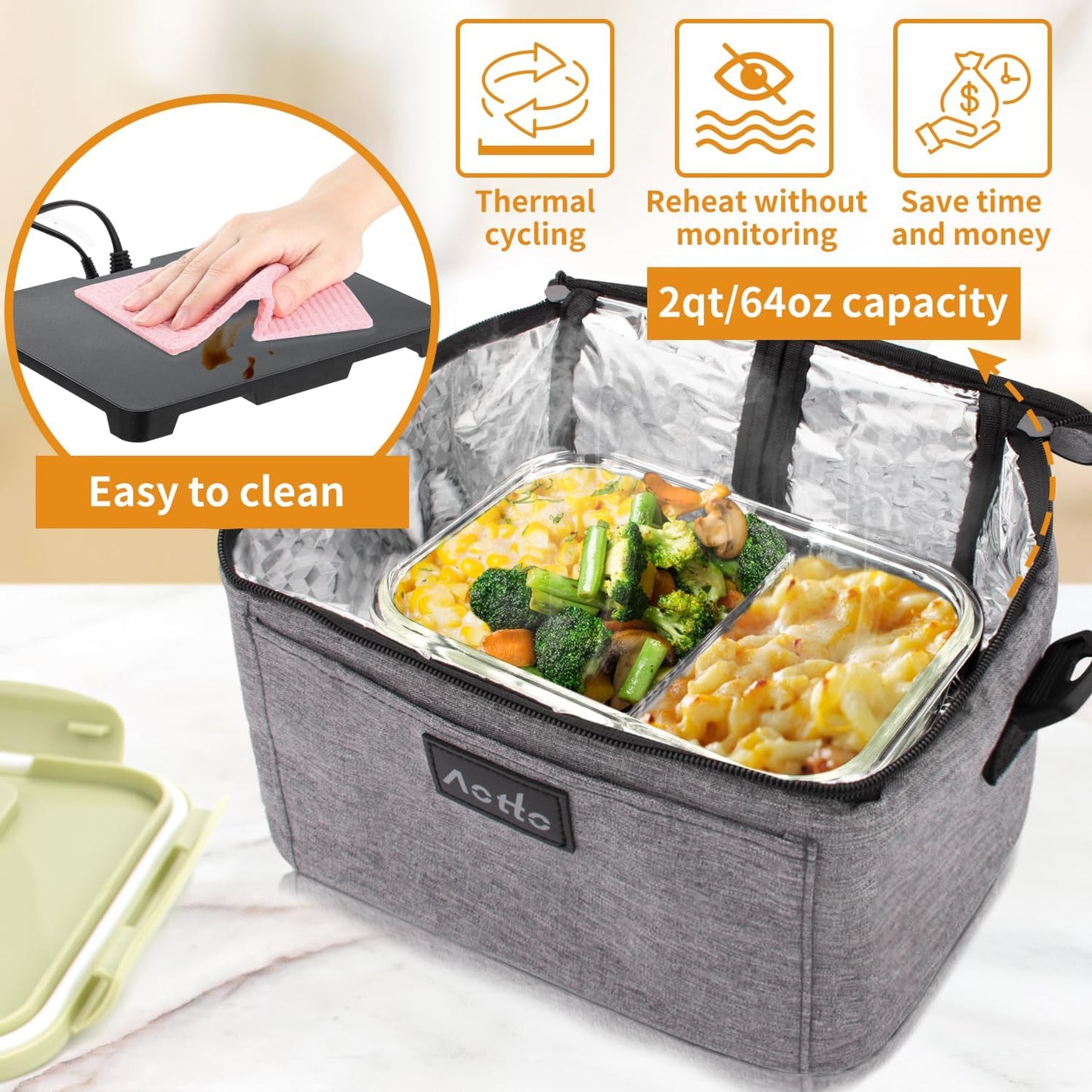 Aotto Portable Oven, Electric Lunch Box Food Heater - 12V/24V/110V 3-in-1 Car Food Warmer - Heated Lunch Box for Adults - Cook, Reheat & Keep Meals Warm for Car, Truck, Travel, Work, Home - Grey
